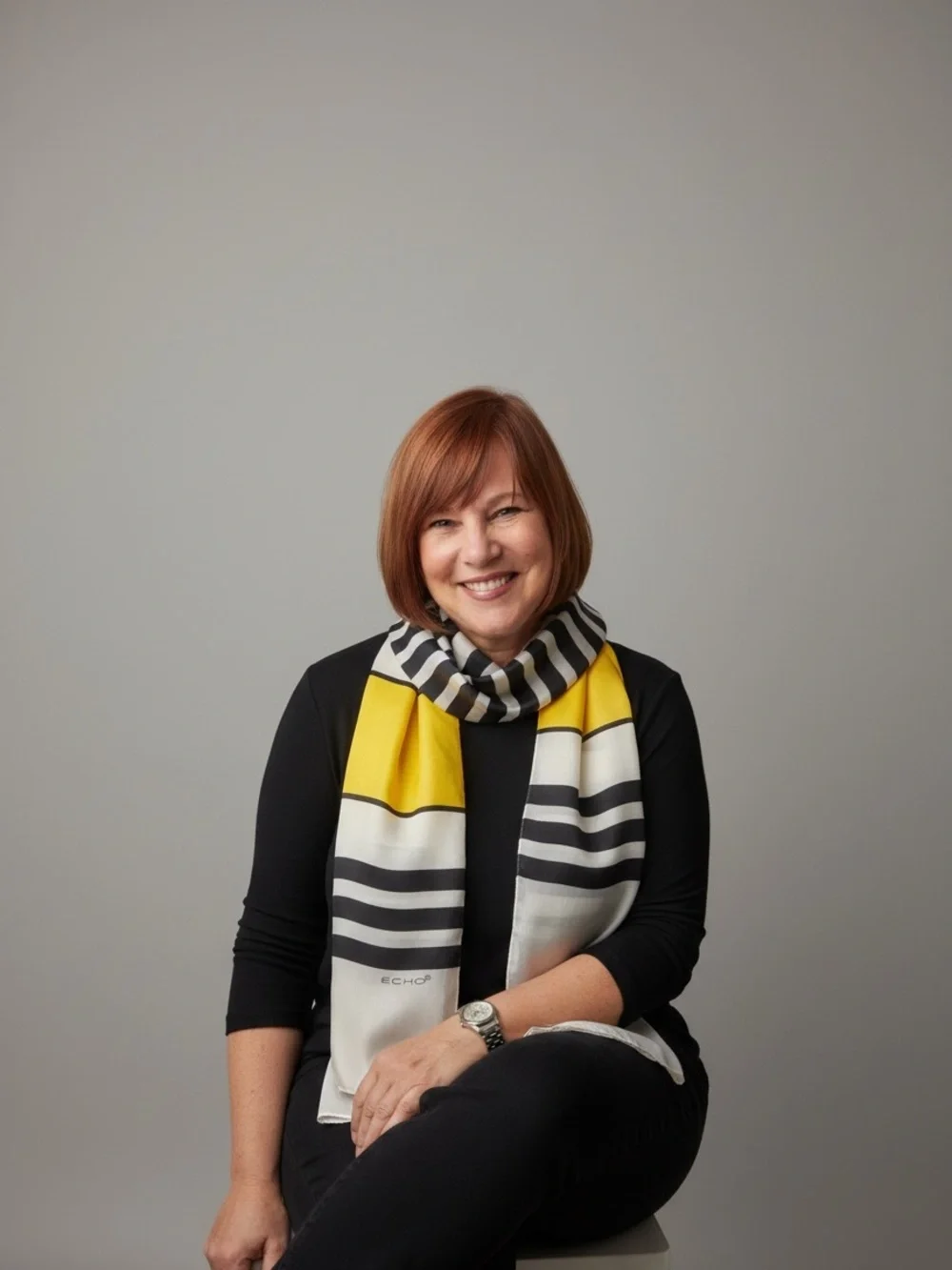 Vintage Echo Yellow, Black & White Striped Silk Scarf